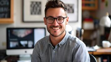 Vibrant Workspace of a Joyful Young Graphic Designer Signifying Creative and Career Success photo