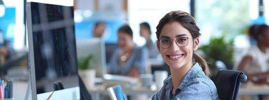Smiling Young Professional Woman Working Diligently on Laptop Computer in Contemporary Office Setting photo