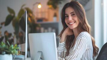 Smiling Young Professional Woman Working on Laptop at Cozy Office Desk photo