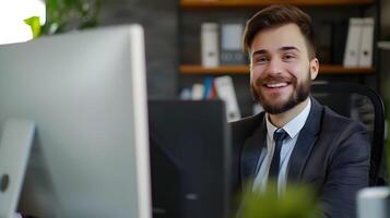 Young Confident Businessman Working Diligently at His Desk in the Office photo