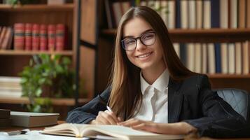 Young Paralegal Exuding Happiness While Efficiently Working on Legal Documents photo