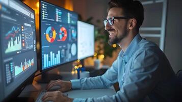 Young Businessman Analyzing Financial Data on Multiple Digital Screens photo