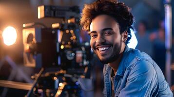Cheerful Young Male Film Director Capturing Cinematic Footage in Studio Setting photo
