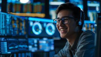 Cheerful Young Professional Immersed in Digital Analytics and Coding photo