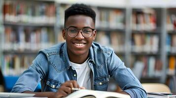 Cheerful Young Student in Academic Environment Surrounded by Books photo