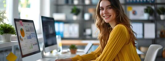 Confident Young Female Administrative Analyst Optimistically Working at Her Desk with Computer photo