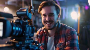 Confident Young Filmmaker Overseeing Crew and Production Equipment in Studio photo