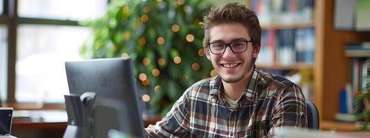 Confident Young Principal Utilizing Computer in Cozy Academic Environment photo