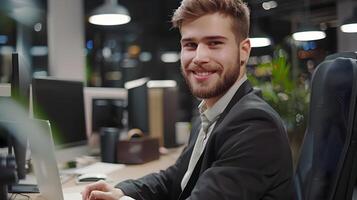 Confident Young Businessman Smiling at in Modern Office Setting photo