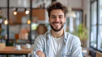 Confident Young Professional Smiling in Office Environment photo