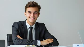 Confident Young Businessman Working Diligently at Office Desk photo