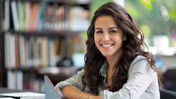 Confident and Cheerful Female Professional in Academic Library Setting photo