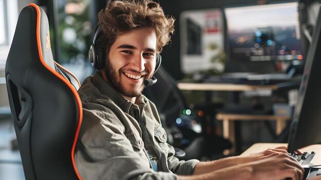 Enthusiastic Young Professional Controlling Digital Workspace with Joy photo