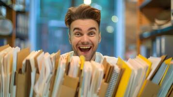 Enthusiastic Young Professional Organizing Files with Joyful Expression photo