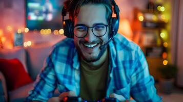 Delighted Gamer Enjoying Relaxed Evening with Gaming Setup photo