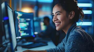 Enthusiastic Young Female Computer Scientist Intently Working on Desktop Computer photo