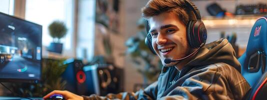 Enthusiastic Young Gamer Enjoying Immersive Digital Entertainment photo
