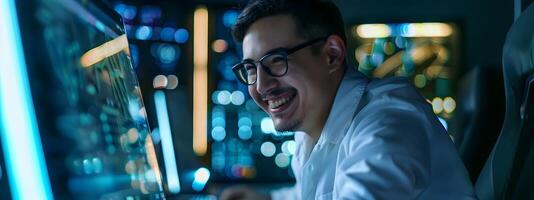 Focused Young Computer Scientist Intensely Working on Laptop in Bright Office Environment photo