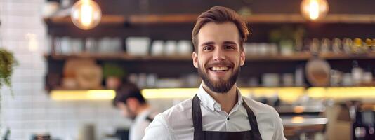 Friendly and Helpful Young Cafe Assistant Serving Customers with a Smile photo
