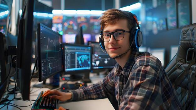 Focused Young Professional Typing at Computer Workstation photo