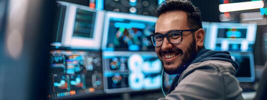 Focused Young Professional Operates Complex Digital Control System in High Tech Office photo