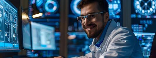 Happy Young Computer Scientist Focused on Digital Analytics and Workspace photo