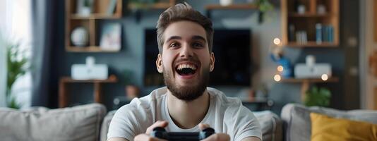 Enthusiastic Young Man Enjoying Game on Controller at Home photo