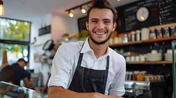 Happy Corporate Assistant Manager Smiling in Modern Cafe Setting photo