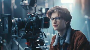 Focused Young Filmmaker Directing Movie Production in Studio photo