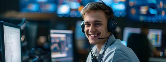 Happy Young Controller Happily Working at Computer Desk with Headphones On photo