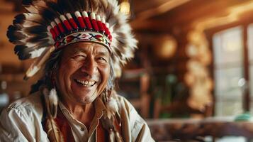 Joyful Indigenous Tribal Leader Wearing Traditional Ceremonial Headdress in Rustic Setting photo