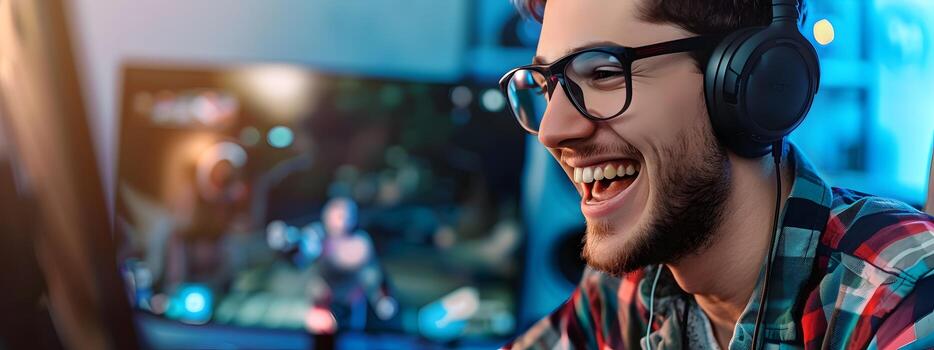 Joyful Young Man Engrossed in Digital Gaming on Computer photo