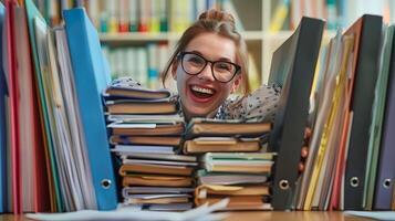 alegre archivo empleado rodeado por libros y documentos en ordenado oficina espacio foto