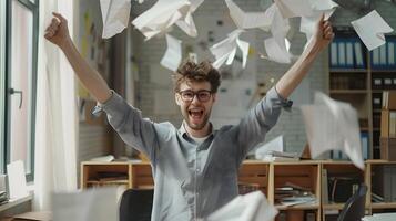 Joyful Office Worker Celebrating Accomplishments with Raised Arms photo