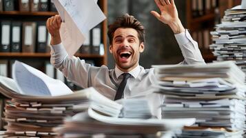 Overjoyed Businessman Celebrates Successful Completion of Office Tasks photo