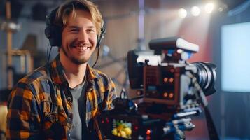 Smiling Young Director Operating Equipment in Production Studio photo