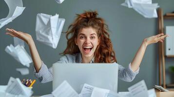 Overjoyed Office Professional Celebrating Success and Productivity at Modern Workstation photo