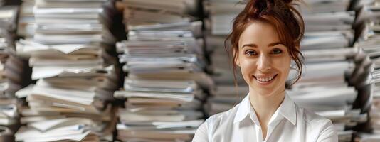 Smiling Young Professional File Clerk Organizing Office Documents photo