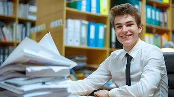Smiling Young Professional Businessman in Office Setting Working on Documents photo
