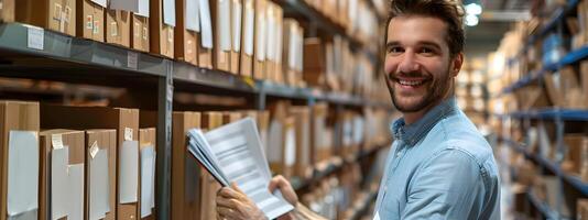 Smiling Young Warehouse Worker Organizing Files in Storage Shelves photo