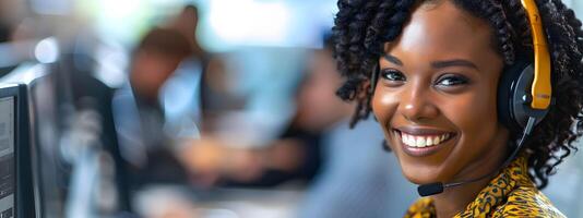 Cheerful African American Call Center Employee Assisting Customers at Desk photo