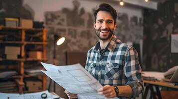 Cheerful Building Specialist Examining Construction Plans with Focused Expression photo
