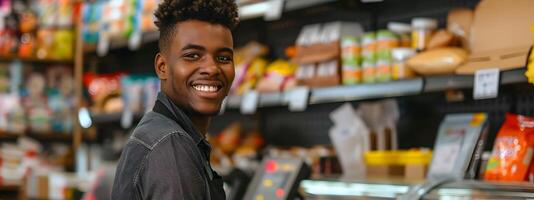 Cheerful African American Retail Worker Assisting Customers in Store photo