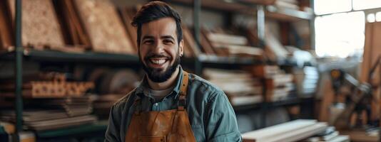 Cheerful Carpenter Embracing His Craft in Woodworking Workshop photo