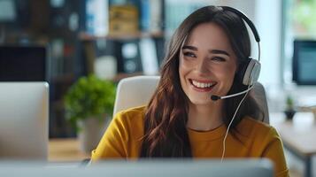 Cheerful Customer Service Representative Providing Friendly Assistance in Office Setting photo