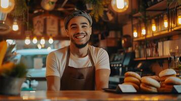 Cheerful Cafe Owner Smiling at Counter of His Cozy Establishment photo