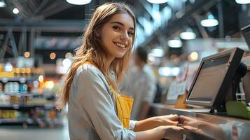 Cheerful Retail Employee Assisting Customer at Store Checkout photo
