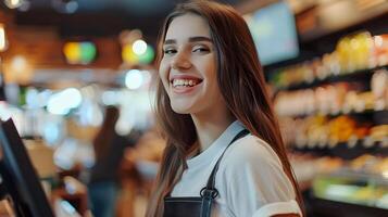 Cheerful Retail Employee Assisting Customer in Grocery Store photo