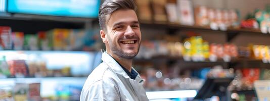 Cheerful Retail Manager Assisting Customers in Grocery Store photo