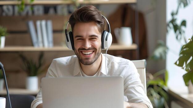 Cheerful Customer Service Representative Assisting with Digital Devices at Workstation photo